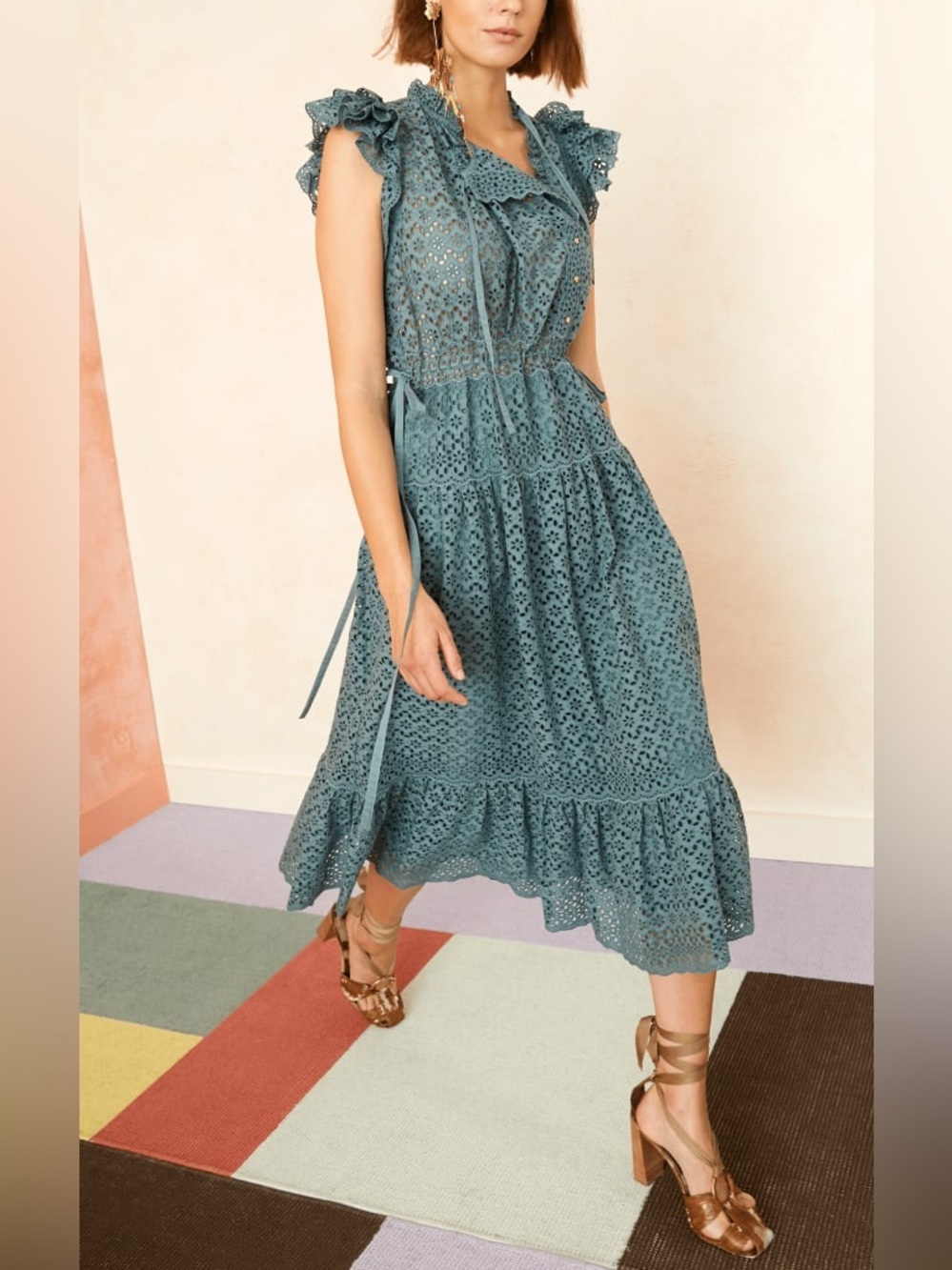 Ulla Johnson Lucille Midi Dress Atlantic Blue Cotton Feminine Cinch Waist Size 2